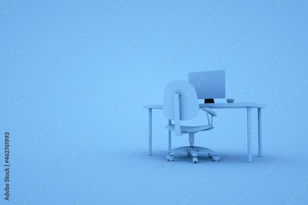 Fototapeta premium Office workplace concept with laptop mockup and other objects. Blue Contemporary Office. 3D Rendering.