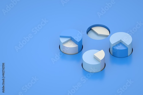 3d rendering of abstract red pie chart blocks in blue background.