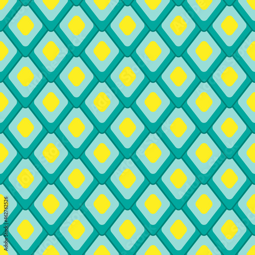 Scale ornament. Abstract geometric seamless pattern. Turquoise and yellow diamond background