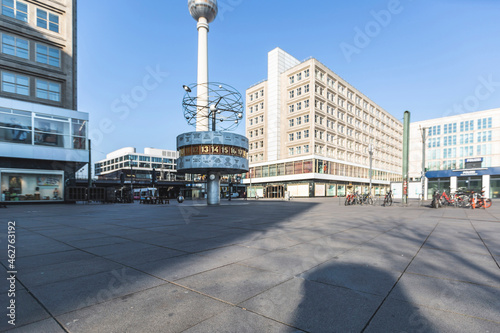 Germany, Berlin, Alexanderplatz with World Clock and Fernsehturm Berlin during COVID-19 epidemic photo