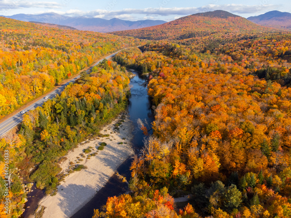 aerial view of autumn forest and mountain in New England