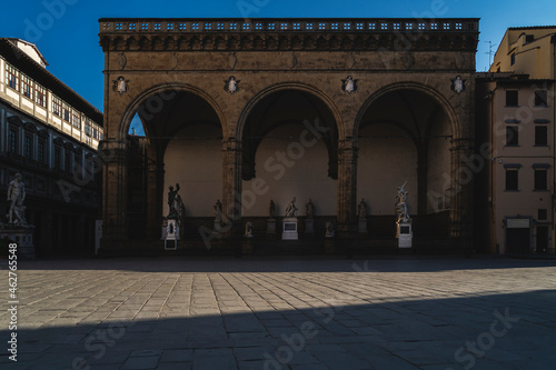 Italy, Tuscany, Florence, Loggia dei Lanzi on empty Piazza della Signoria photo