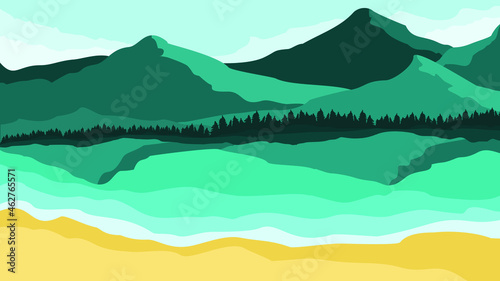 landscape with mountains, view of mountains and oceans, illustration of mountain and beach stretches, mountains and beach background