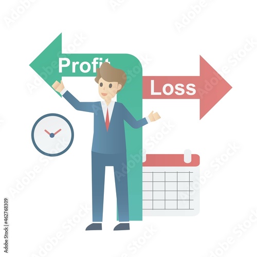 profit loss trading calculation,suitability and timing of investment,Risk term and balance analysis financial management,Up arrow and down arrow,businessman and investor,Vector illustration.