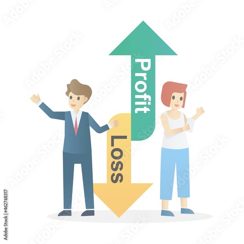 profit loss trading calculation,suitability and timing of investment,Risk term and balance analysis financial management,Up arrow and down arrow,businessman and investor,Vector illustration.