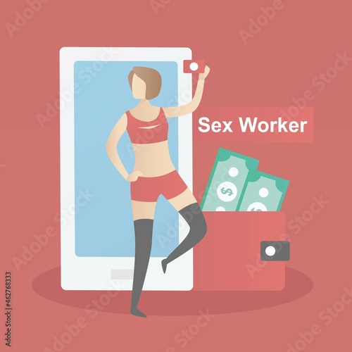 Sex Worker or sex creator in Social Media,sexy woman in red dress takes a selfie on social media on her smartphone,Technology mobile application to earn for money,Vector illustration.