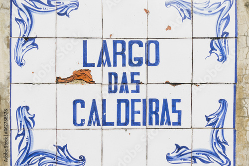 Close-up of Largo das Caldeiras text on tiled wall, San Miguel, Azores, Portugal photo