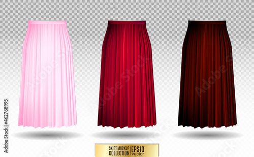 Vector illustration of different model skirt on transparent background. pleated skirt mock up. Pink, red, vinous variation