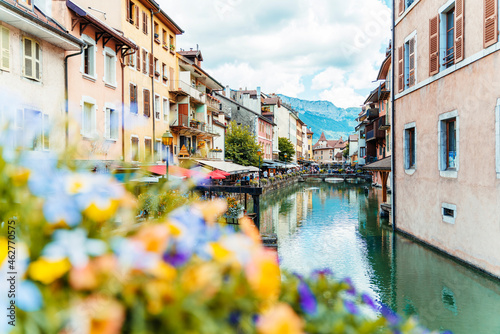 Old city center with river and mountains at Annecy, France photo