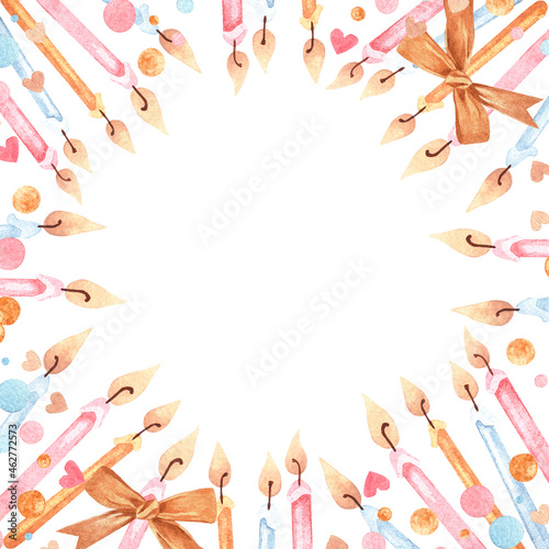A banner for a website made from a set of watercolor vintage illustrations on the theme of birthday. Confetti  bows and candles. Isolated on a white background. For your design.