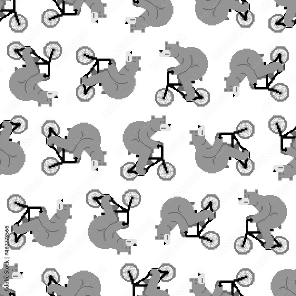 Bear on bicycle pixel art pattern seamless. pixelated Beast is riding bicycle background. 8 bit Cartoon childrens texture. Baby fabric texture
