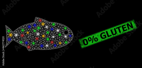 Flare mesh network fish with colorful glowing spots, and grunge 0% Gluten stamp. Green stamp seal includes 0% Gluten text inside framed rectangle. Constellation vector mesh created from fish icon.