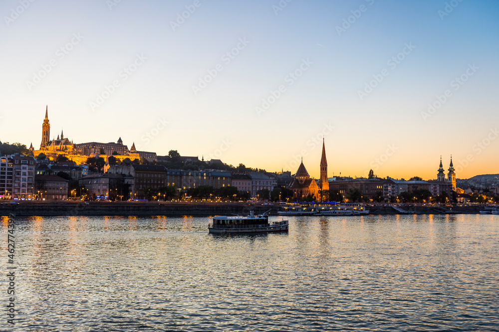Hungary, Budapest, city view with Matthias Church at dusk Hungary, Budapest, city view with Matthias Church at dusk