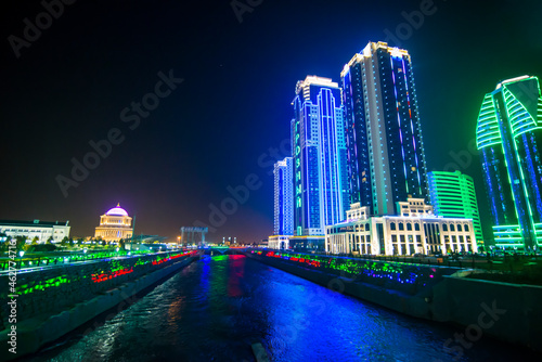 Business district of Grozny colourfulyl lluminated at night, Grozny, Chechnya photo