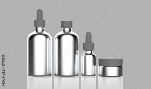 A set of cosmetic containers made of metallic materials.