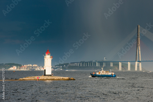 Lighthouse before Russky Bridge in Vladivostok, Russia