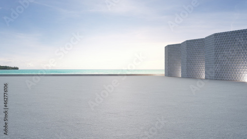Empty concrete floor and gray wall. 3d rendering of sea view plaza with clear sky background.