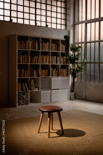 Empty stool with bookshelf behind photo