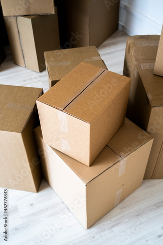 Stack of cardboard boxes at new house