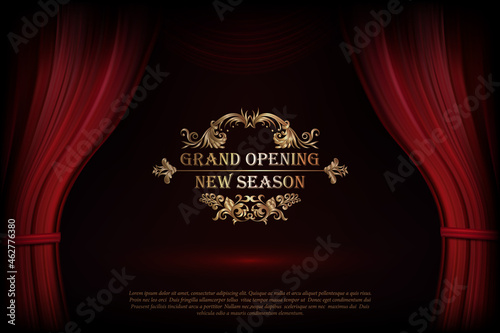 Vector Premium red curtains in theater or opera. Dark red curtain scene gracefully with simple text. Elegance vector backdrop for poster. Classic podium
