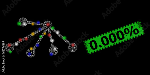Bright mesh net connect with multi colored bright dots, and grunge 0.000% seal stamp. Green stamp seal includes 0.000% caption inside framed rectangle.