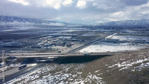 Flying over Highway 58 on a wintery, snowy day in Tehachapi, CA photo