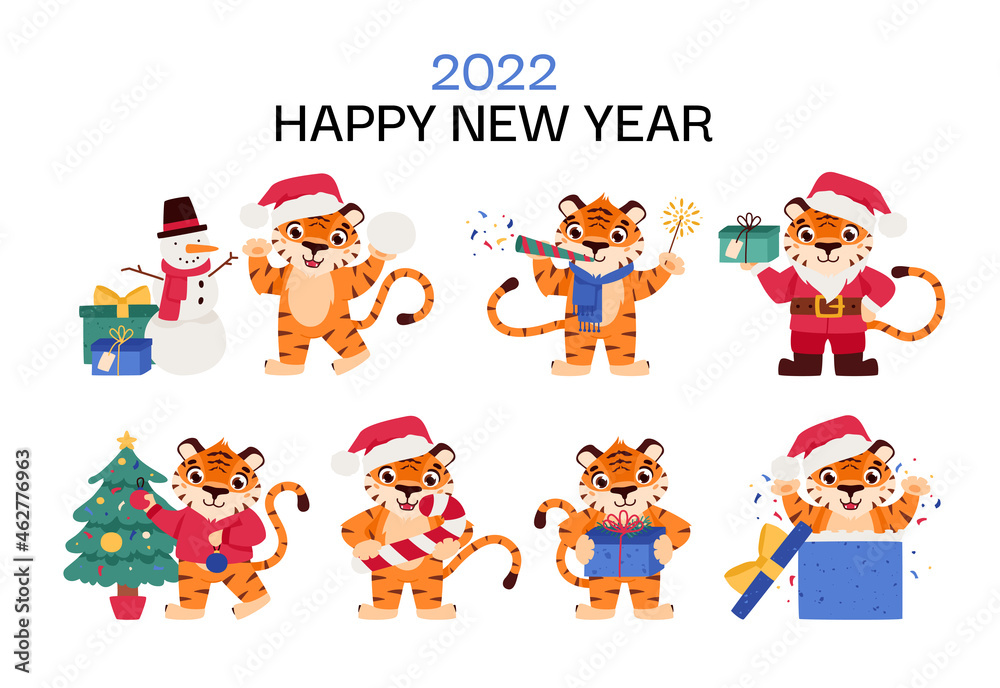 Fototapeta premium Cheerful tiger is the symbol of the Chinese New Year. Cartoon animal. Eastern calendar for 2022. Chinese horoscope. Vector illustration.