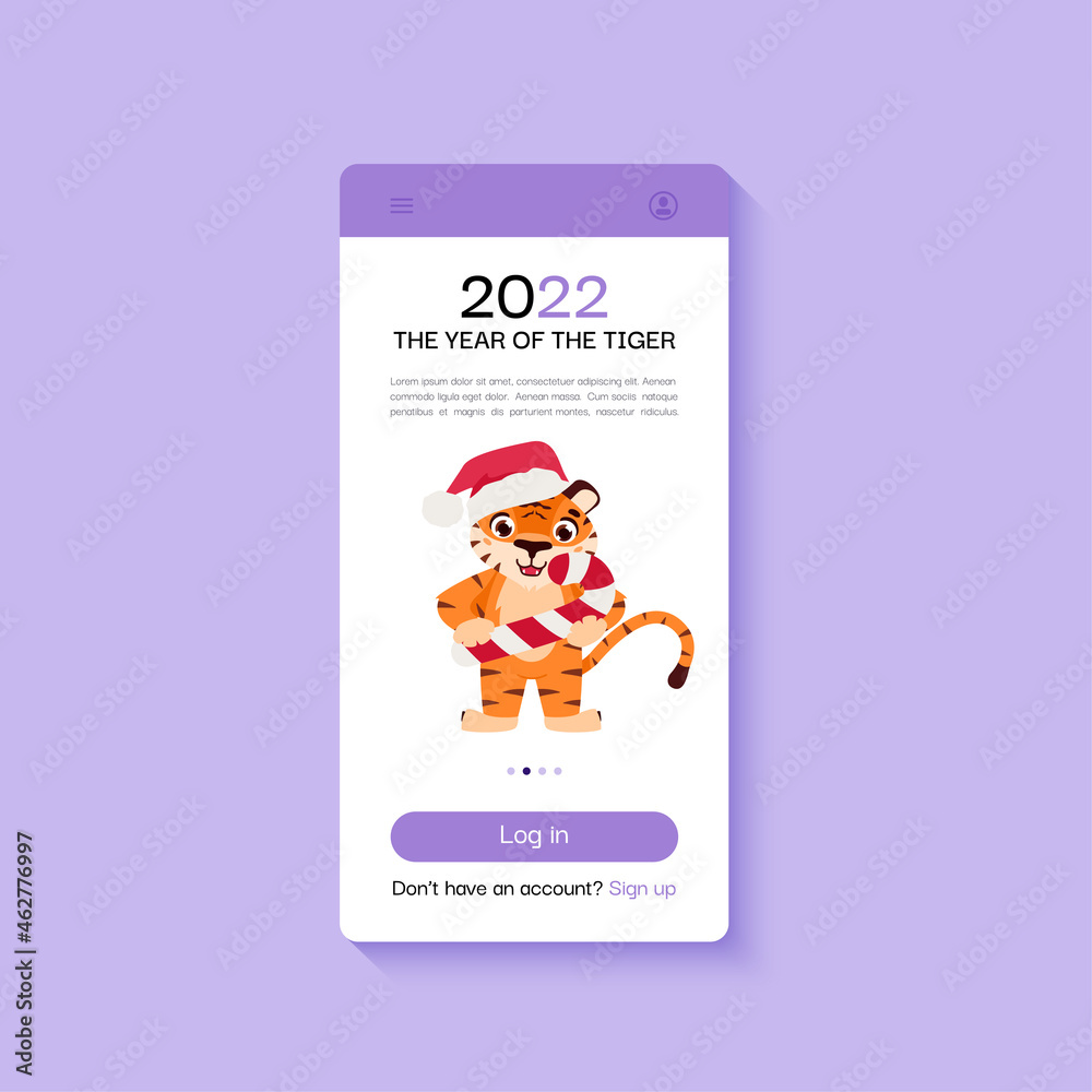 Cheerful tiger is the symbol of the Chinese New Year. Mobile app screen with tiger. Cartoon animal. 2022 Chinese horoscope. Vector illustration template. Cheerful tiger is the symbol of the Chinese New Year. Mobile app screen with tiger. Cartoon animal. 2022 Chinese horoscope. Vector illustration template.