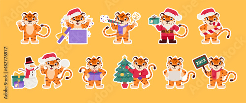 Sticker set. Cheerful tiger is the symbol of the Chinese New Year. Cartoon animal. Eastern calendar for 2022. Chinese horoscope. Vector illustration.