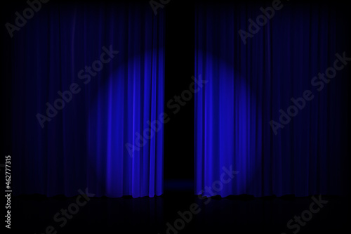Opened silky luxurious blue curtain stage backdrop with backlight. Ajar theater curtains. Vector gradient illustration
