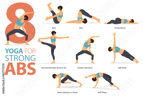 8 Yoga poses or asana posture for workout in strong abs concept. Women exercising for body stretching. Fitness infographic. Flat cartoon vector
