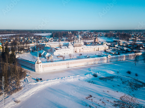 Russia, Leningrad Region, Tikhvin, Aerial view of Tikhvin Assumption Monastery in Winter