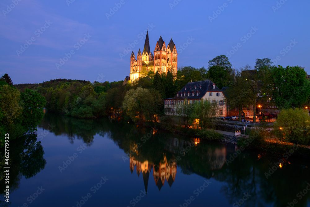 Germany, Hesse, Limburg, Limburg Cathedral at Lahn river in the evening Germany, Hesse, Limburg, Limburg Cathedral at Lahn river in the evening