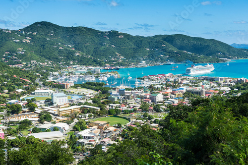 High angle view of Road town against blue sky, Tortola, British Virgin Islands photo