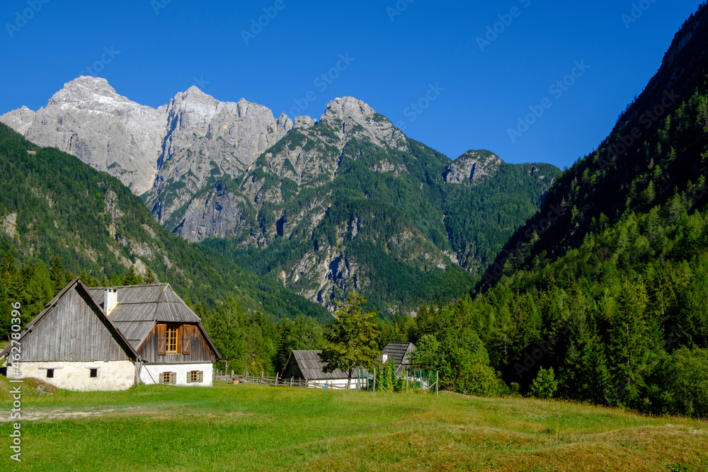 Slovenia, Soca Valley, near Trenta, Triglav National Park, mountain pasture and huts Slovenia, Soca Valley, near Trenta, Triglav National Park, mountain pasture and huts
