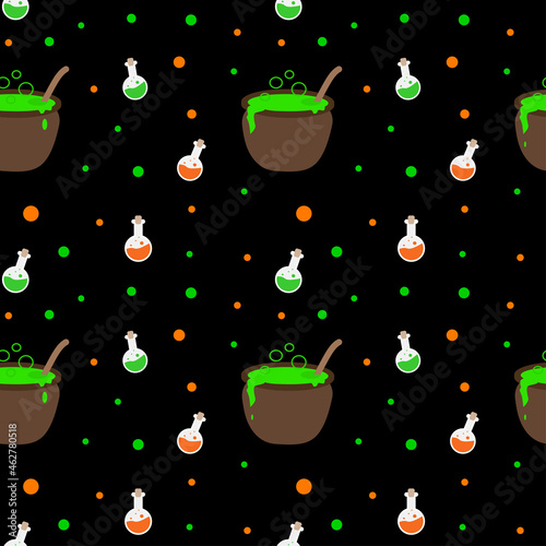 Flat vector illustration. Halloween seamless pattern with witches cauldron, flasks with poison, dots on black background. Use for wallpaper, notepad, background, paper, surface textures