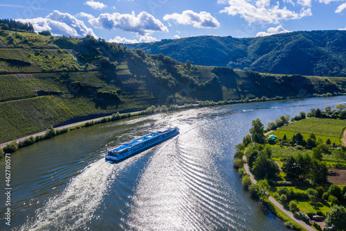 Aerial view of cruise ship on Mosel River against sky, Mehring, Germany