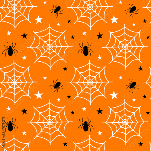 Flat vector illustration. Halloween seamless pattern with cobwebs, spiders. Use for internet, notepad, background, paper