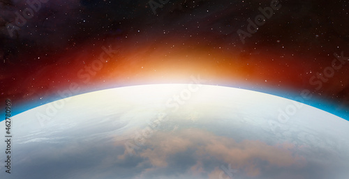 New ice age and Earth covered with snow at sunset  Elements of this image furnished by NASA 