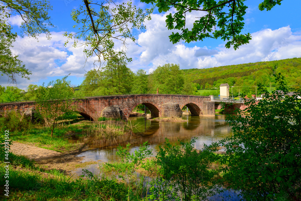 Germany, Bavaria, Franconia, Lower Franconia, Graefendorf, Wolfsmuenster, bridge over Saale river Germany, Bavaria, Franconia, Lower Franconia, Graefendorf, Wolfsmuenster, bridge over Saale river