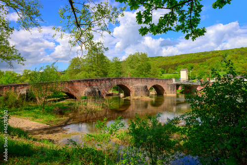 Germany, Bavaria, Franconia, Lower Franconia, Graefendorf, Wolfsmuenster, bridge over Saale river photo