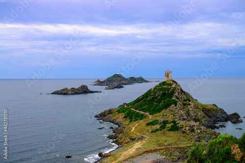 France, Corsica, view over Illes Sanguinaires and genoese tower from the Pointe de la Parata photo