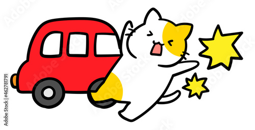 交通事故に遭うかわいいねこのキャラクターのイラスト