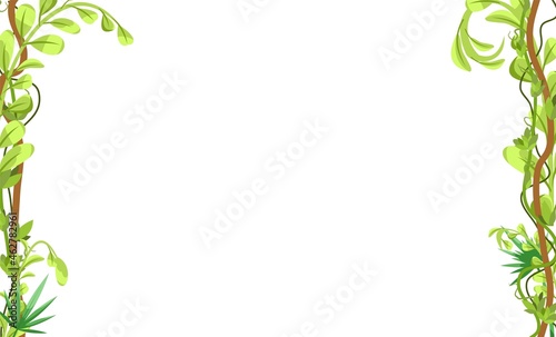 Jungle frame. Green tropical climbing vines. Flat cartoon style. Green exotic landscape. Isolated on white background. Vector.