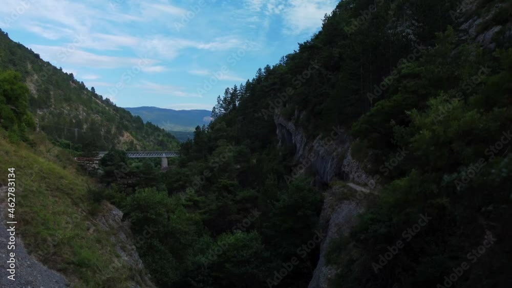 Rising Behind Trees Revealing River Valley Railway Bridge and Mountains Rising Behind Trees Revealing River Valley Railway Bridge and Mountains