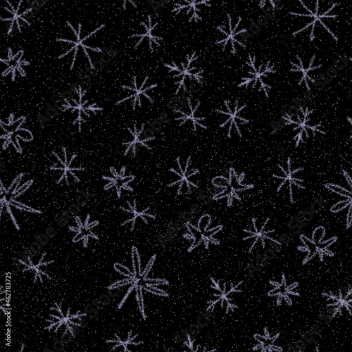 Hand Drawn Snowflakes Christmas Seamless Pattern. Subtle Flying Snow Flakes on chalk snowflakes Background. Authentic chalk handdrawn snow overlay. Glamorous holiday season decoration.
