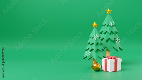 Merry Christmas and Happy New Year on green background space for text  Decorated Christmas tree with star  gift boxes and balls in cartoon style  Winter holiday season icon  3D rendering illustration