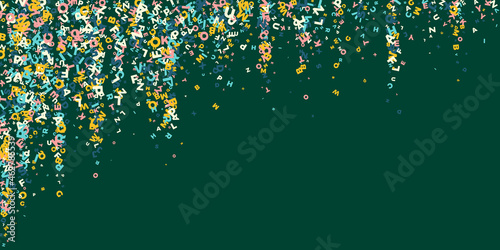 Falling letters of English language. Light flying words of Latin alphabet. Foreign languages study concept. Bold back to school banner on blackboard background.