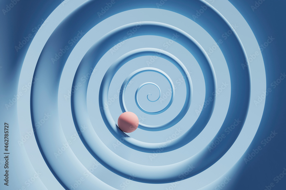 Three dimensional render of orange sphere rolling down blue spiral Three dimensional render of orange sphere rolling down blue spiral