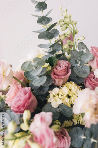 Pink and green bouquet of summer flowers photo